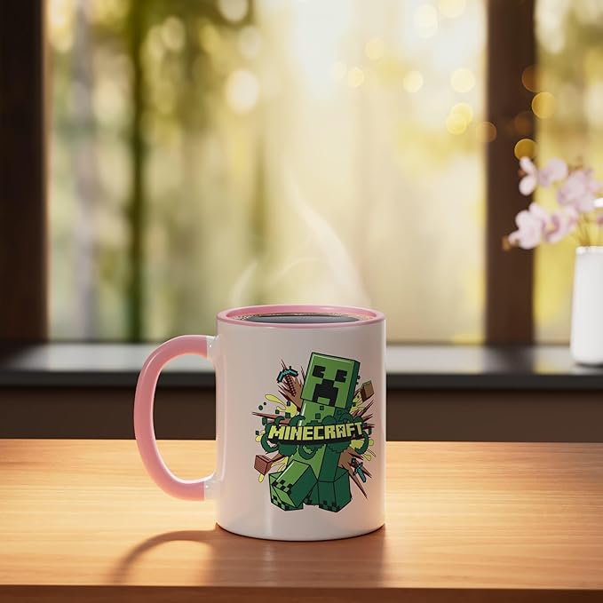 Minecraft Creeper Running From Explosion Ceramic Mug, Pink/White