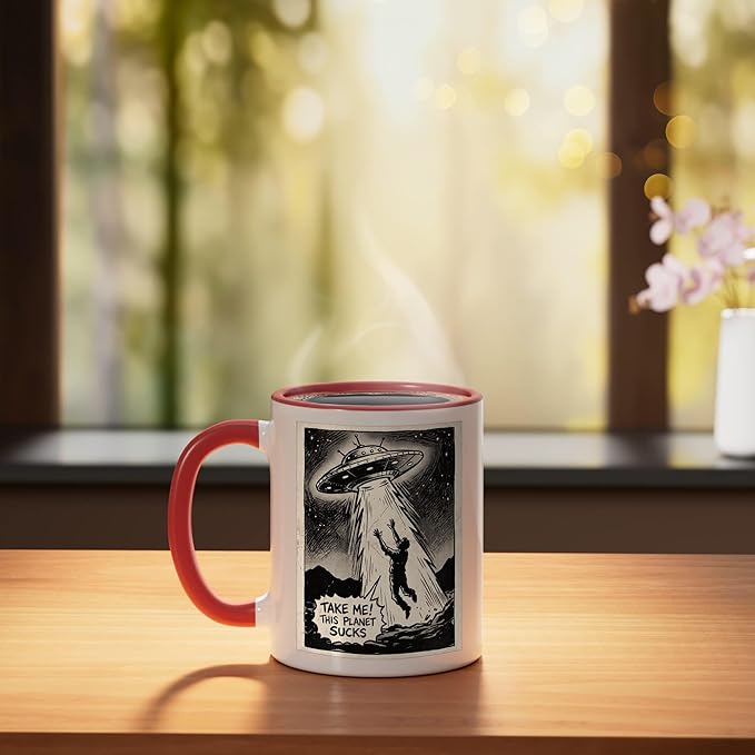 Take Me Alien UFO Abduction Funny Design Ceramic Mug, Red/White
