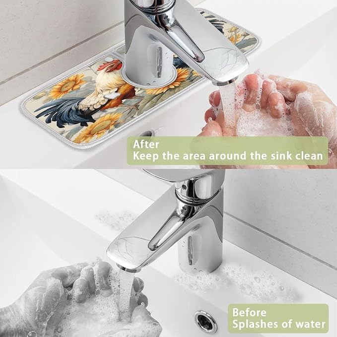 Vintage Country Rooster Sink Mat for Kitchen Faucet Absorbent Microfiber Faucet Mat Washable Sink Water Splash Guard Drip Catcher for Faucet