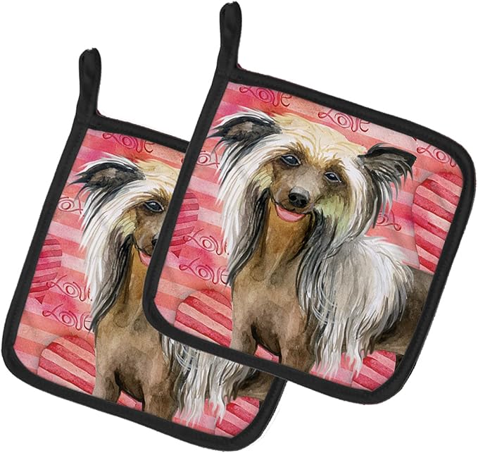 Caroline's Treasures BB9746PTHD Chinese Crested Love Pair of Pot Holders, Red Kitchen Heat Resistant Pot Holders Sets Oven Hot Pads for Cooking Baking BBQ, 7 1/2 x 7 1/2