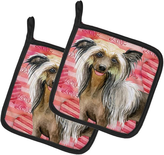 Caroline's Treasures BB9746PTHD Chinese Crested Love Pair of Pot Holders, Red Kitchen Heat Resistant Pot Holders Sets Oven Hot Pads for Cooking Baking BBQ, 7 1/2 x 7 1/2