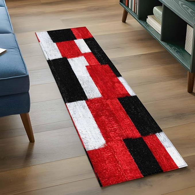 Runner Rug for Bedroom Hallway, Red Black White Gradient Kitchen Runner Rugs Area Rug 2x6ft, Abstract Color Block Washable Soft Floor Carpet for Entryway Stair