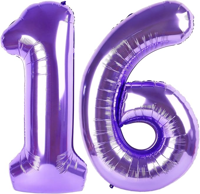 Purple Sweet 16 Balloon, Happy Birthday Decoration for 16th, 40 Inch Number Balloons for 16 61 Wedding Anniversaries Singles Party, Girls and Boys