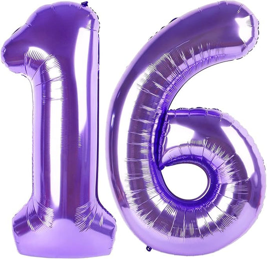 Purple Sweet 16 Balloon, Happy Birthday Decoration for 16th, 40 Inch Number Balloons for 16 61 Wedding Anniversaries Singles Party, Girls and Boys