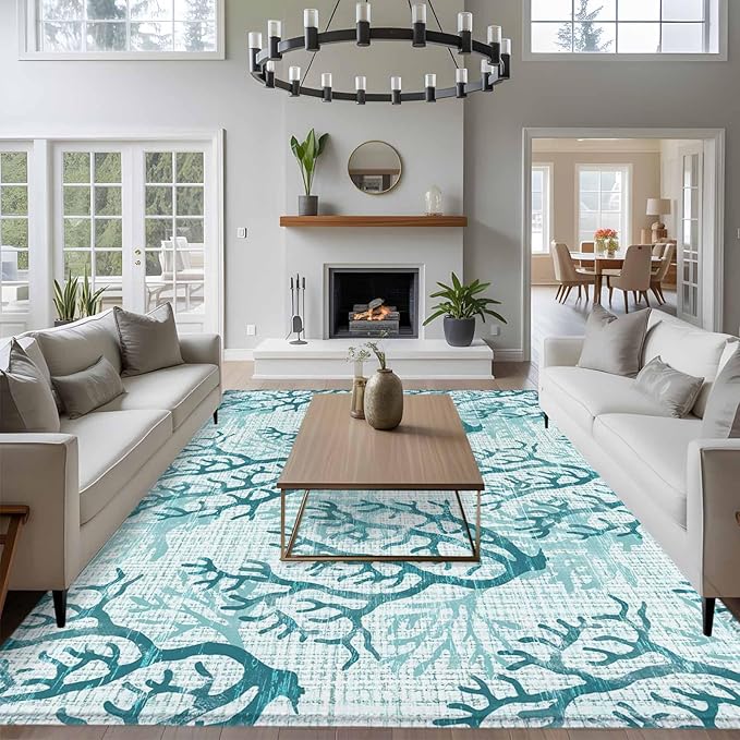 Area Rug 8x10ft, Coastal Sea Coral Retro Linen Washable Rugs for Living Room Bedroom, Underwater Ocean Life Soft Non-Slip Area Rugs Rectangle Floor Carpet for Dining Room