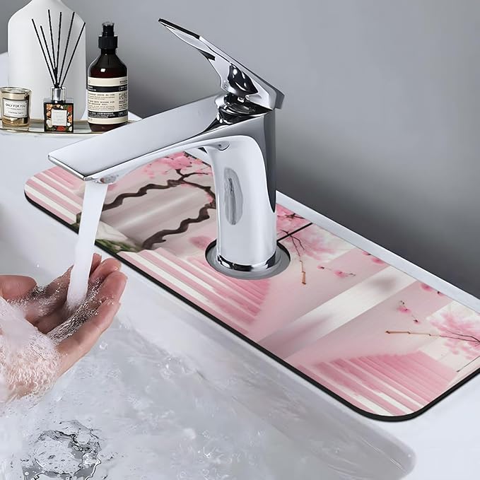 Pink Cherry Blossom Staircase Printed Faucet Absorbent mat, Suitable for bathrooms, Kitchens, and Other Sink Areas.