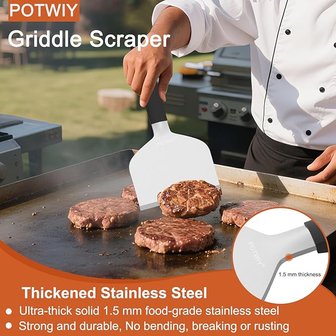 Stainless Steel Griddle Scraper, 5.3" & 4.5" Wide, Heavy Duty Metal Scraper, Sharp Blade and Full Tang Silicone Handle, Great BBQ Cleaning Kit for Flat Top Grill & Griddle Accessories (2 Pack)