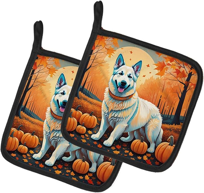 Caroline's Treasures DAC1047PTHD White German Shepherd Fall Pair of Pot Holders Kitchen Heat Resistant Pot Holders Sets Oven Hot Pads for Cooking Baking BBQ, 7 1/2 x 7 1/2