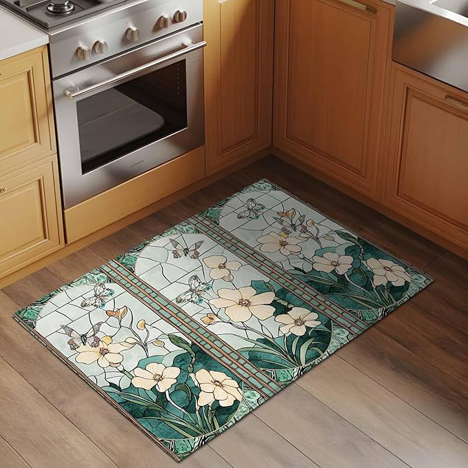 Area Rug 2x3ft, Spring Flower Colorful Butterfly Washable Rugs for Living Room Bedroom, Vintage Green Plant Soft Non-Slip Area Rugs Rectangle Floor Carpet for Dining Room
