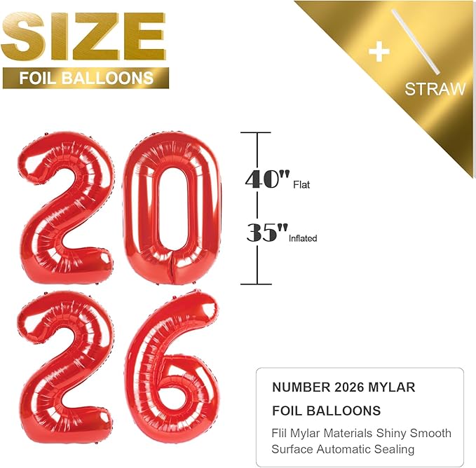 New Years Eve Decorations Number Balloons, 40 Inch Balloon, 2026 Decorations New Years, Red Balloons for New Year Eve Party Supplies 2026, Graduation Decoration, 2 6 20 26 Birthday Parties