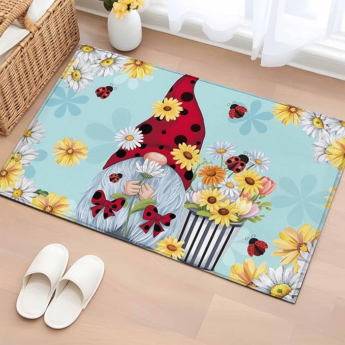 Area Rug 2x3ft, Summer Ladybug Gnome Daisy Flower Washable Rugs for Living Room Bedroom, Watercolor Bloom Floral on Blue Soft Non-Slip Area Rugs Rectangle Floor Carpet for Dining Room