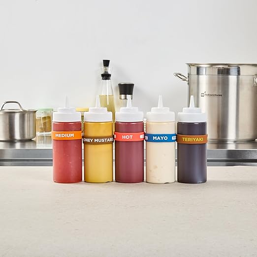 Restaurantware Silicone Squeeze Bottle Band 10 Count 2.75 Inch Dishwasher Safe Condiment Identification Band, Hot Red Non-Slip Label Band for Condiment Labeling at Restaurants, Food Trucks