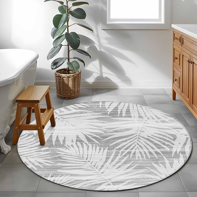Washable Round Area Rug Modern Gray Palm Leaves Circle Rugs Floor Carpet for Living Room Bedroom, Boho Tropical Leaves Soft Non Slip Round Rug 3ft