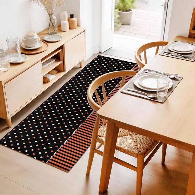 Runner Rug for Bedroom Hallway, Halloween Polka Dots Orange Stripes Kitchen Runner Rugs Area Rug 2x6ft, Seamless Dot on Black Washable Soft Floor Carpet for Entryway Stair