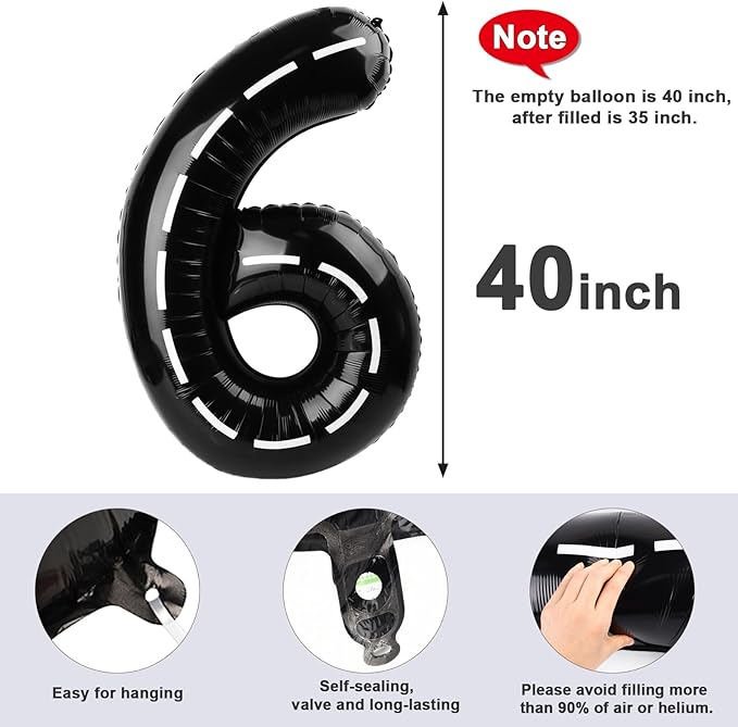 Number 6 Balloon 40 Inch, 6 7 Six Seven Birthday Decorations, 6th Birthday Balloon for Men Women, Line Black 16 60 61 65 Numbers Balloons Graduations Anniversary Supplies
