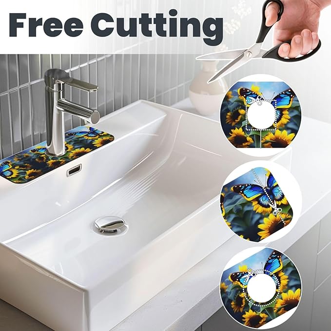 Sunflower Blue Butterfly Printed Faucet Absorbent mat, Suitable for bathrooms, Kitchens, and Other Sink Areas.