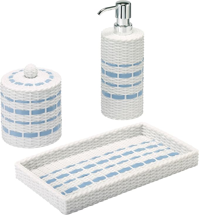 Izod – Vanity Accessory Set, Hand-Painted Resin with Woven Wicker Look & Striped Design, Decorative Lotion Pump, Vanity Tray & Covered Jar (Savannah)