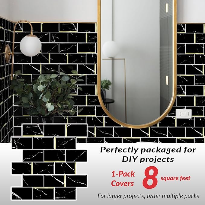 DÉCOR WOW Peel & Stick Backsplash for Kitchen & Bathroom Black Marble Subway with Gold, 1 sq ft (8-Pack)