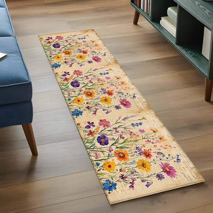 Runner Rug for Bedroom Hallway, Farmhouse Colorful Small Flower Kitchen Runner Rugs Area Rug 2x6ft, Retro Backdrop Seamless Washable Soft Floor Carpet for Entryway Stair
