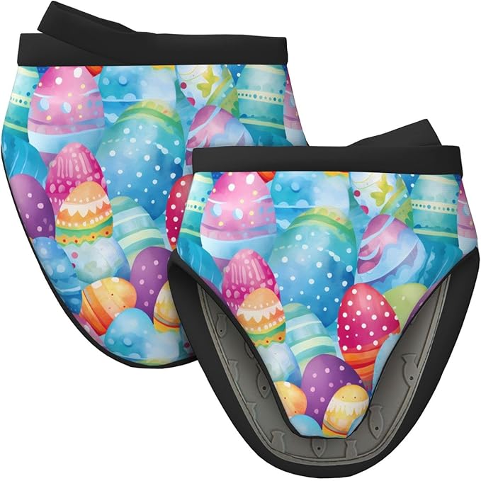 2 Pcs Mini Silicone Oven Mitts Cartoon Easter Eggs Heat Resistant Grill Gloves with Hanging Loop, Vintage Little Kitchen Mittens for Cooking Baking BBQ