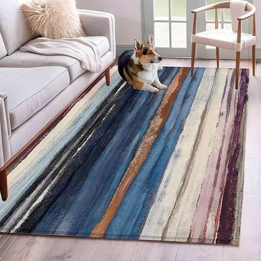 Area Rug 4x6ft, Modern Gradient Striped Art Washable Rugs for Living Room Bedroom, Retro Abstract Rustic Texture Soft Non-Slip Area Rugs Rectangle Floor Carpet for Dining Room