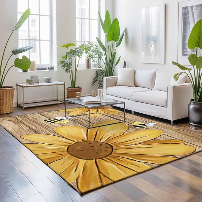 Area Rug 9x12ft, Summer Yellow Bee Blossom Flower Washable Rugs for Living Room Bedroom Rectangle Floor Carpet, Retro Rustic Brown Wood Board Soft Non-Slip Area Rugs for Dining Room