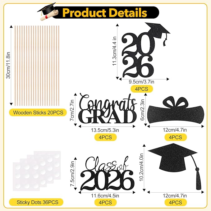 Graduation Decorations 2026, 20 PCS Sparkling Black Double-Sided Centerpiece Sticks for Tables, Class of 2026 Table Toppers and Party Supplies