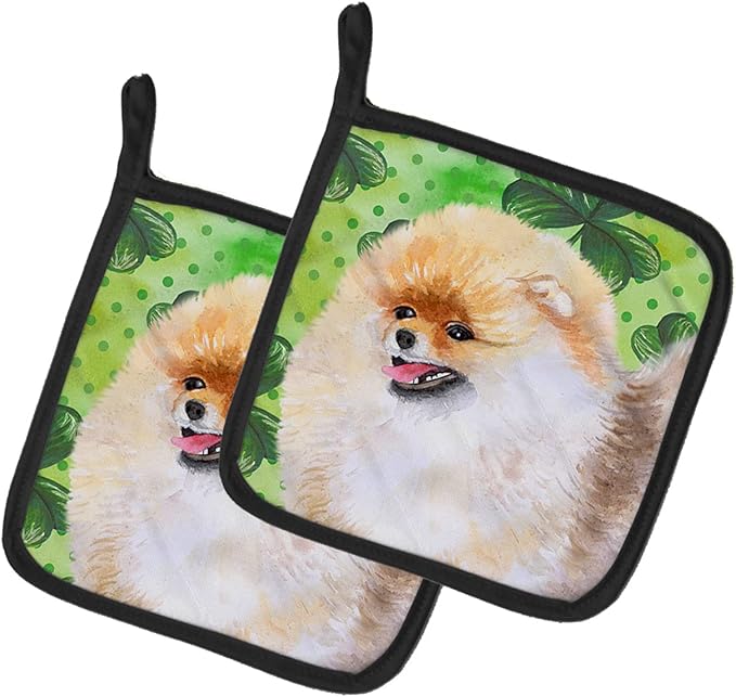 Caroline's Treasures BB9856PTHD Pomeranian St Patrick's Pair of Pot Holders, Green Kitchen Heat Resistant Pot Holders Sets Oven Hot Pads for Cooking Baking BBQ, 7 1/2 x 7 1/2