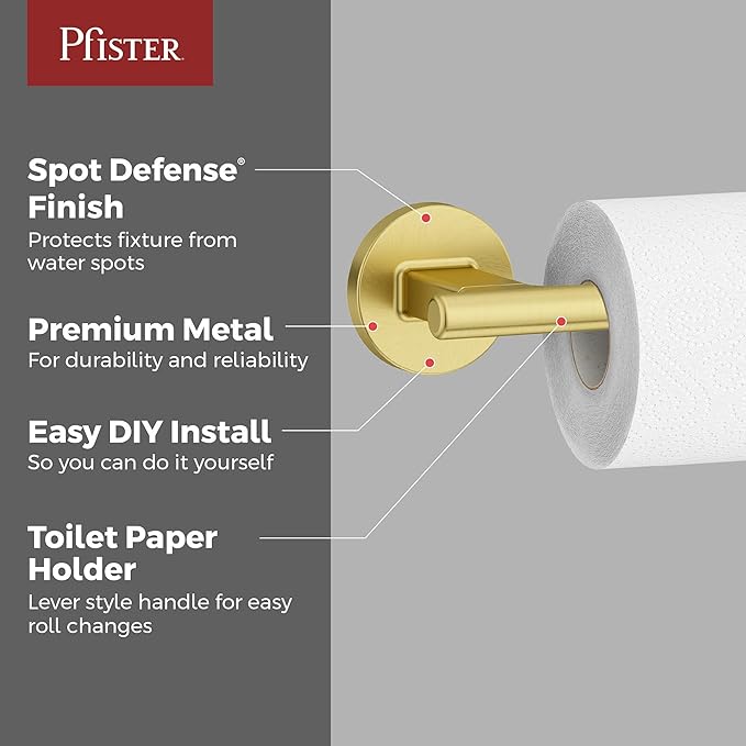 Pfister Capistrano Toilet Paper Holder, Bathroom Tissue Roll Holder, Wall-Mounted, Screw-in, Brushed Gold Finish, BPHCSO0BG