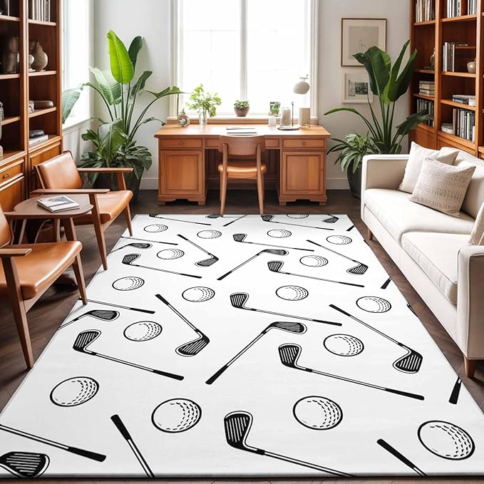 Area Rug 9x12ft, Golf Club Ball Seamless Pattern Washable Rugs for Living Room Bedroom Rectangle Floor Carpet, Modern Minimalist Art Soft Non-Slip Area Rugs for Dining Room