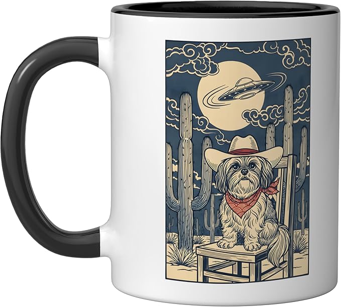Cowboy Dog Desert UFO Western Alien Night Ceramic Mug, Black/White