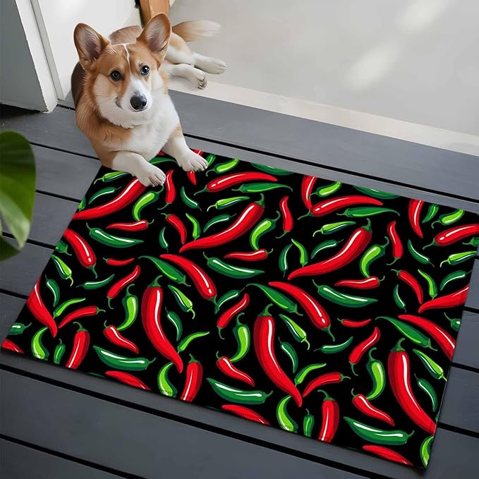 Area Rug 2x3ft, Spicy Chili Pepper Pattern Washable Rugs for Living Room Bedroom, Red Green Peppers on Black Soft Non-Slip Area Rugs Rectangle Floor Carpet for Dining Room