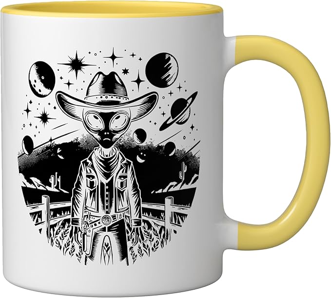 Alien Lover Flying Saucer UFO Extraterrestrial Cowboy Ceramic Mug, Yellow/White