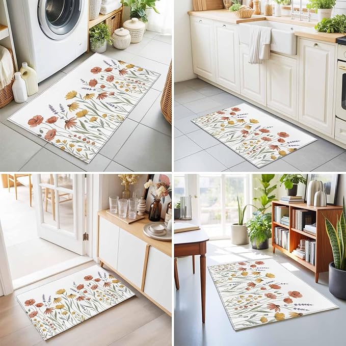 Area Rug 2x3ft, Watercolor Daisies Lavender Washable Rugs for Living Room Bedroom, Country Floral Art Soft Non-Slip Area Rugs Rectangle Floor Carpet for Dining Room
