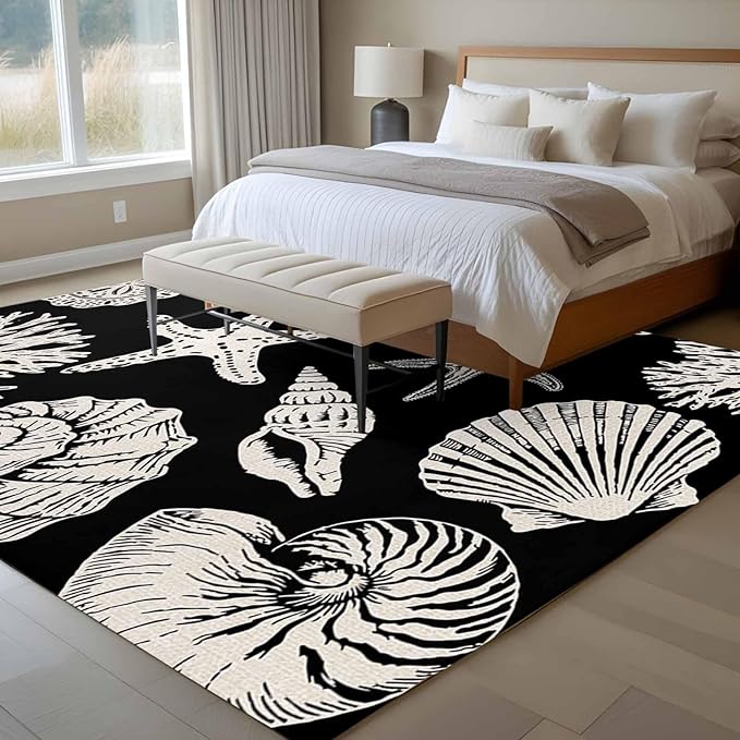 Area Rug 6x9ft, Marine Starfish Shell Conch Washable Rugs for Living Room Bedroom, Ocean Life on Black Soft Non-Slip Area Rugs Rectangle Floor Carpet for Dining Room