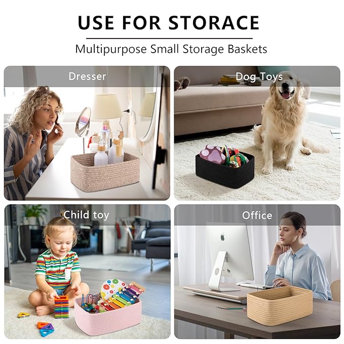 OIASKET 4 Pack Small Storage Shelf Baskets for Organizing, Mini Woven Rope Storage Bins for Towels, Cute Decorative Closet Organizer，Baby Nursery, Gift Empty Baskets -11.81''Lx7.87''Wx4.72''H-Pink