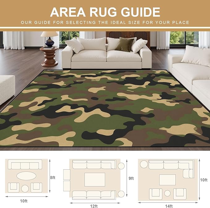 8x10 Area Rugs for Bedroom Boho Washable Man Cave Rug for Living Room Camouflage Green Brown Tan Shades Distinctive Design Soft Rubber Backed Non-Slip Large Carpets for Boys