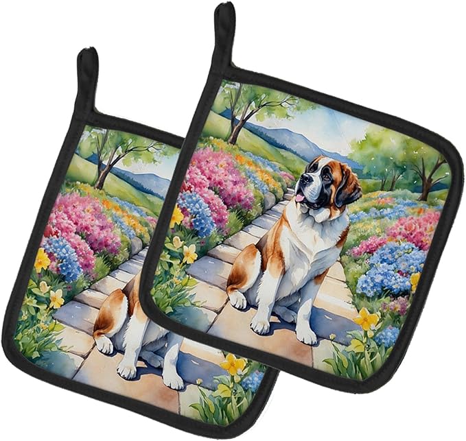 Caroline's Treasures Saint Bernard Spring Path Pair of Pot Holders Kitchen Heat Resistant Pot Holders Sets Oven Hot Pads for Cooking Baking BBQ, 7 1/2 x 7 1/2