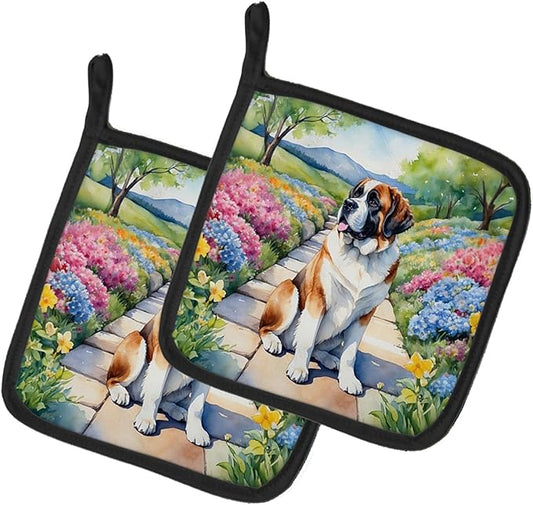 Caroline's Treasures Saint Bernard Spring Path Pair of Pot Holders Kitchen Heat Resistant Pot Holders Sets Oven Hot Pads for Cooking Baking BBQ, 7 1/2 x 7 1/2