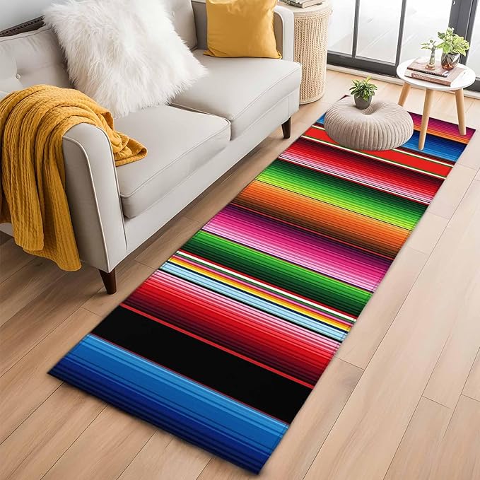 Runner Rug for Bedroom Hallway, Mexico Art Colorful Stripes Kitchen Runner Rugs Area Rug 2x6ft, Color Gradient Lines Washable Soft Floor Carpet for Entryway Stair