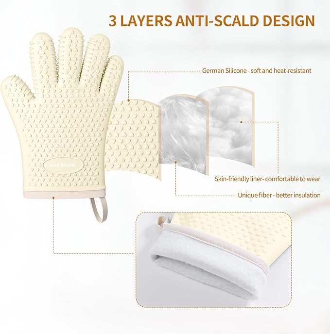 MAD SHARK Silicone Oven Mitts Heat Resistant 450°F,Waterproof & Non-Slip Oven Gloves with Fingers,Cotton Lined Silicone Oven Gloves Kitchen Mitts for Baking Cooking Barbecue,Women,Oven (White)