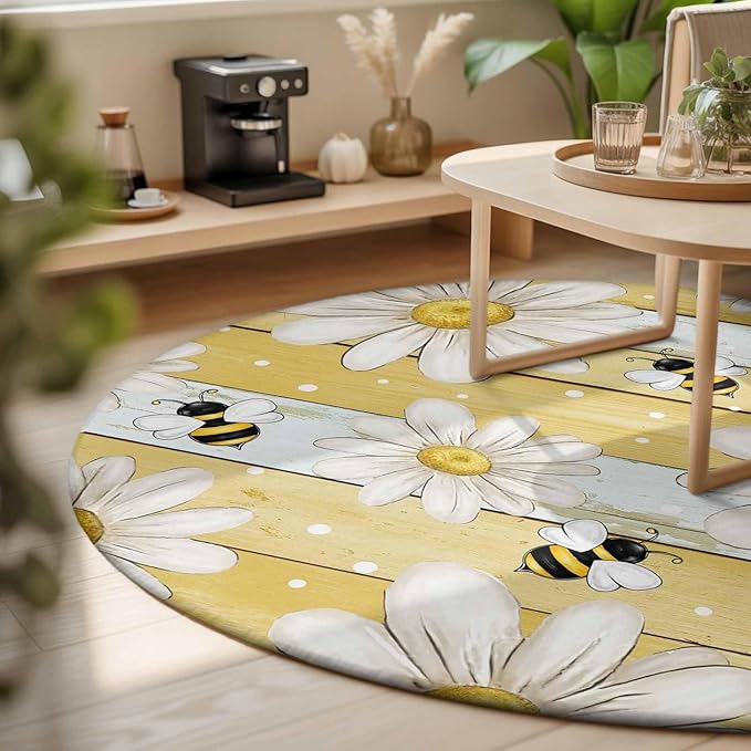 Washable Round Area Rug Summer Rustic Daisy Flower Bee Circle Rugs Floor Carpet for Living Room Bedroom, Blossom Floral Yellow Wooden Soft Non Slip Round Rug 3ft