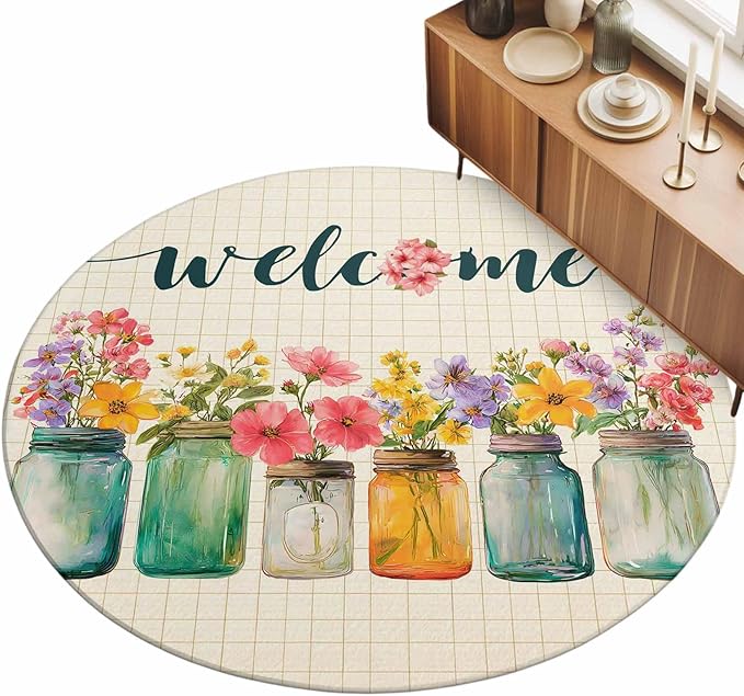 Washable Round Area Rug Summer Pastoral Flower Buffalo Plaid Circle Rugs Floor Carpet for Living Room Bedroom, Rustic Blossom Floral Soft Non Slip Round Rug 5ft