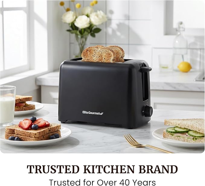 Elite Gourmet 2-Slice Cool Touch Toaster – 6 Browning Levels, Extra Wide 1.25” Slots for Bagels & Thick Bread, Cancel Function, Compact, ETL Certified, Black