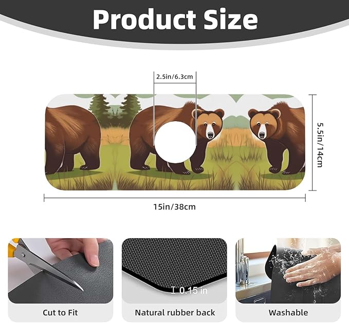 Brown Bear Walking Printed Faucet Absorbent mat, Suitable for bathrooms, Kitchens, and Other Sink Areas.