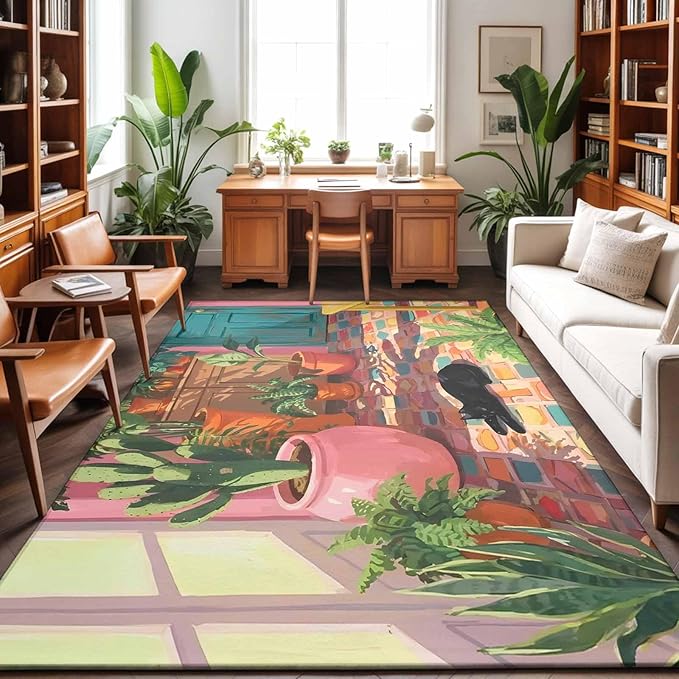 Area Rug 9x12ft, Sleeping Cat Pink Sunlit Room Washable Rugs for Living Room Bedroom Rectangle Floor Carpet, Potted Plants Soft Non-Slip Area Rugs for Dining Room