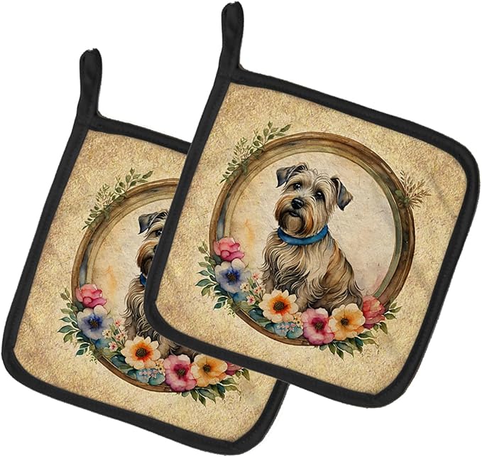 Caroline's Treasures Glen of Imaal Terrier and Flowers Pair of Pot Holders Kitchen Heat Resistant Pot Holders Sets Oven Hot Pads for Cooking Baking BBQ, 7 1/2 x 7 1/2