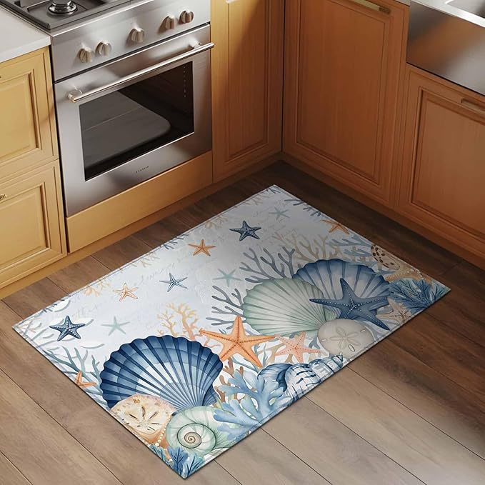 Area Rug 2x3ft, Underwater Shells Starfish on Blue Washable Rugs for Living Room Bedroom, Colorful Coral Soft Non-Slip Area Rugs Rectangle Floor Carpet for Dining Room