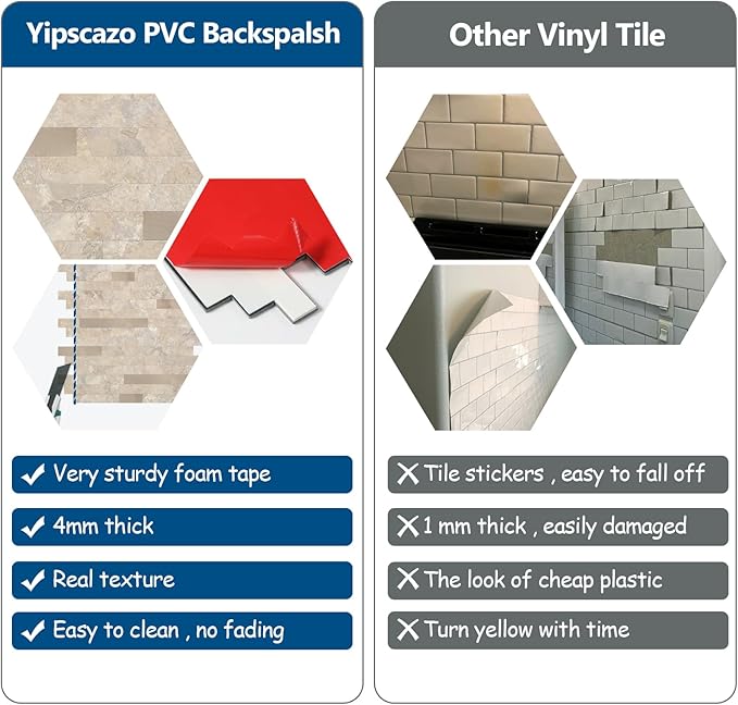 Yipscazo 20 Sheets Peel and Stick Stone Metal Tile Backsplash, Stick on Tiles for Backsplash Kitchen, Bathroom, Laundry Room, Camper, Fireplace (12'' X 12'', Beige Stone with Gold Metal)
