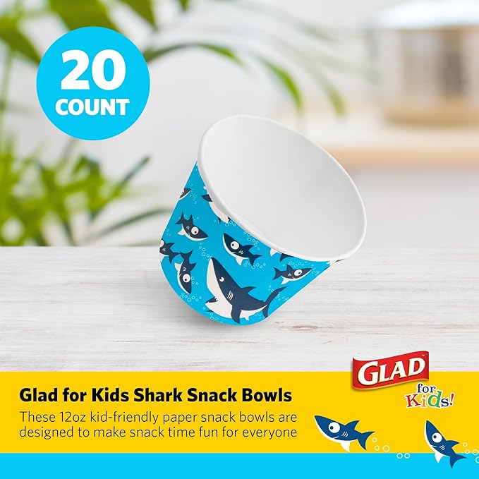 Glad for Kids Shark Paper Snack Bowls, Lids Not Included - Heavy Duty, Soak-Proof, Microwavable Kid-Friendly Disposable Snack Cups, No Lids Included, 12 Ounce, 20 Count